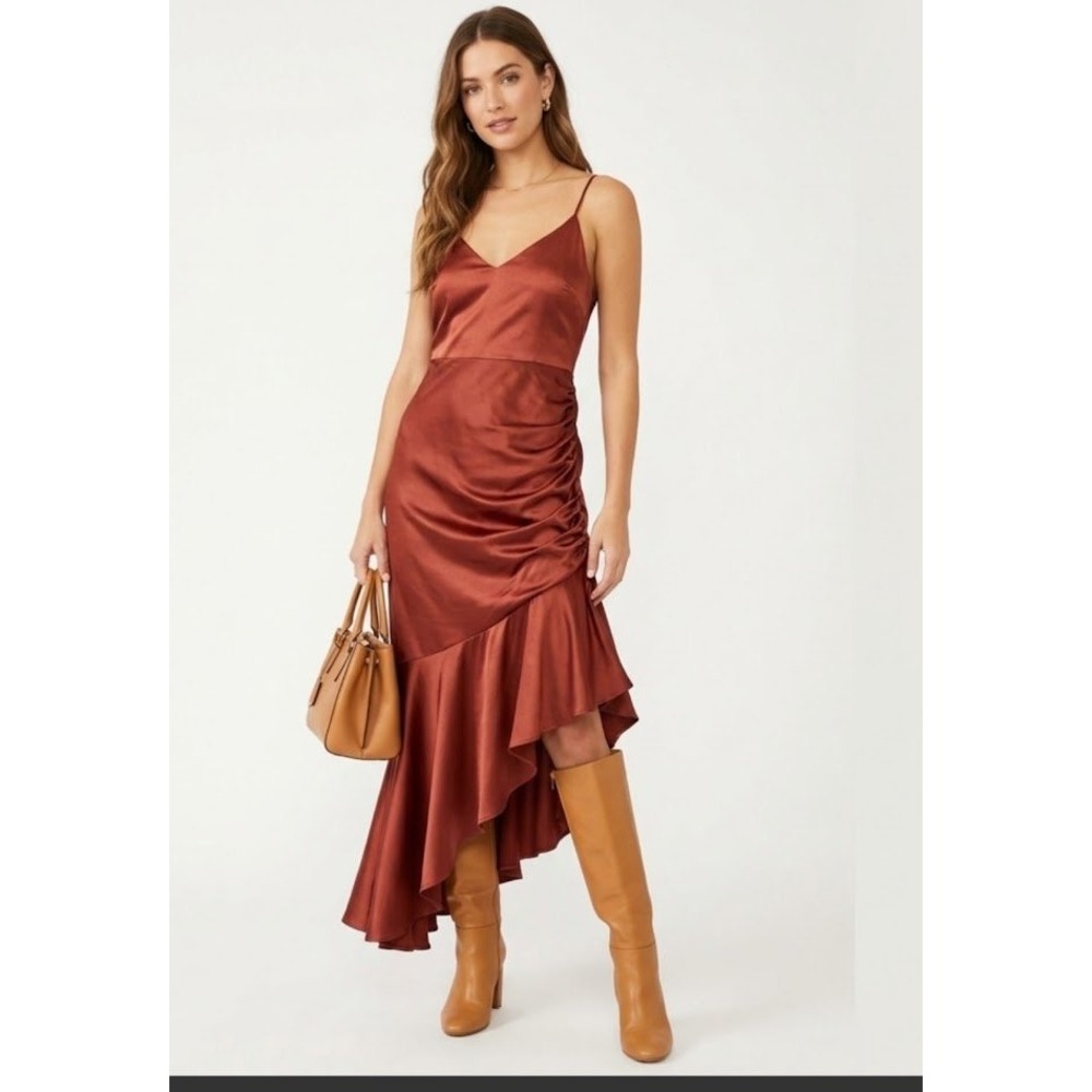 DB Studio Dress Womens Rust Satin Ruched High Low Ruffle Hem NWT 14